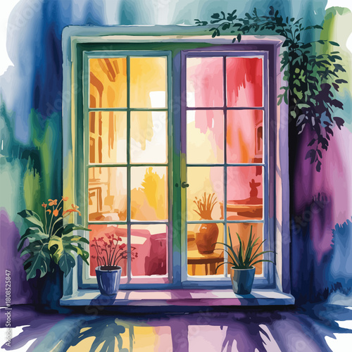 Watercolor Window View with Plants and Warm Interior Light graphic design