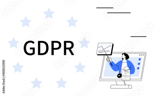 GDPR compliance. GDPR ensures data privacy and regulation for secure online operations. GDPR-focused analytics explaining data protection and security measures. For webinars, data privacy, digital