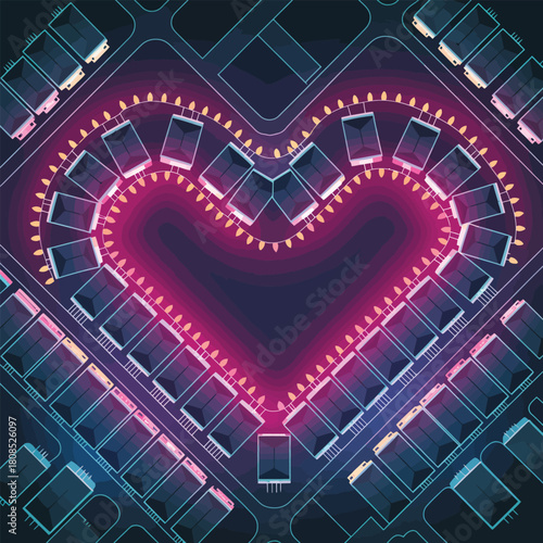 Aerial View of Houses Forming a Heart Shape with Lights Keywords: aerial view, houses, heart