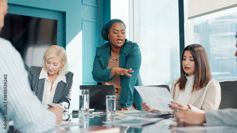Fototapeta premium Collaboration, documents and meeting with business people in boardroom for financial discussion. Conversation, finance and paperwork with employee team in office for review of data, charts or graphs