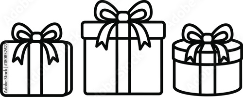 Three wrapped gifts with ribbons isolated on