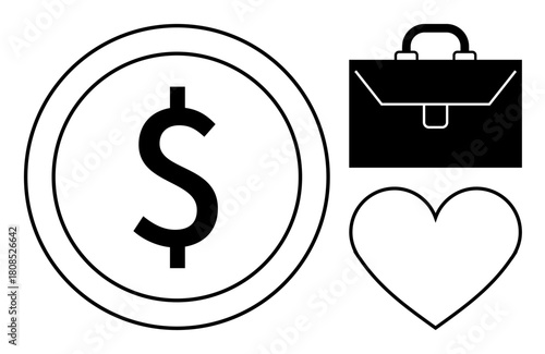 Dollar coin, briefcase, and heart illustrating financial focus, work-life priorities, and value alignment. Ideal for finance, business, lifestyle, balance decision-making economic growth personal