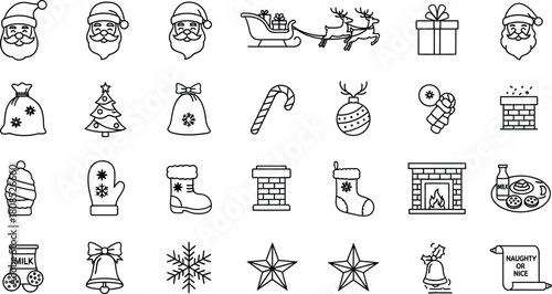 Assorted holidaythemed icons including snowflakes, stars, gifts, and festive decorations isolated on