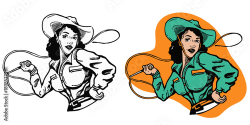 A Vintage Cowgirl Holding Lasso Hand drawn Illustration