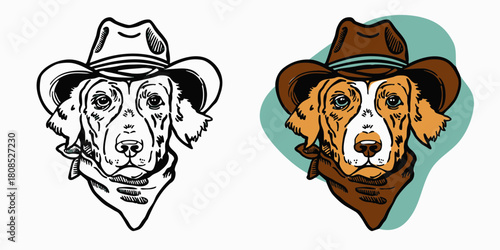 A Cowboy Dog Head Wearing A Bandana Hand drawn Illustration
