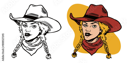 A vintage smiling cowgirl hand drawn illustration