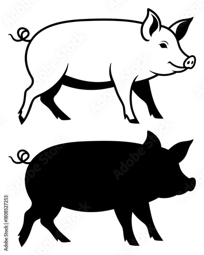 Standing Happy Pig Silhouette and Outline Design on Transparent Background