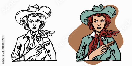 A vintage cowgirl holding a gun hand drawn illustration 