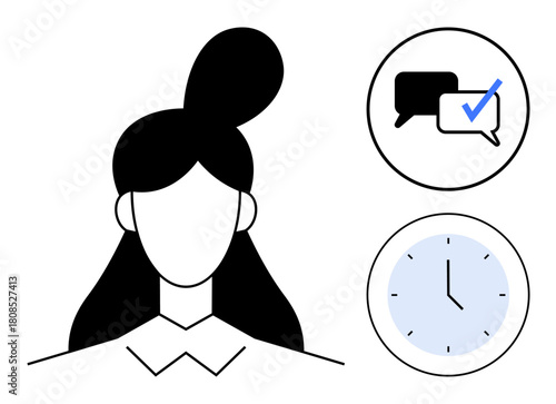 Female figure with abstract face next to chat bubbles with a checkmark and clock. Ideal for communication, time management, planning, teamwork, organization, productivity, tasks. Simple flat metaphor