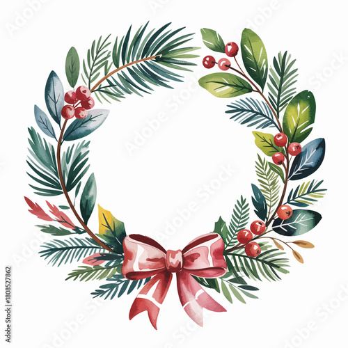 Christmas wreath with red berries pine needles and pink bow holiday decoration