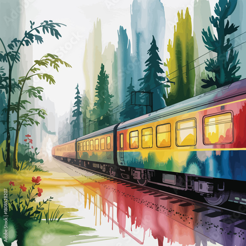 Colorful train traveling through a misty forest with watercolor effect transportation