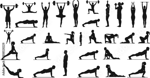 Fitness silhouette, yoga pose, exercise motion, weightlifting figure, stretching stance, plank position, black outline, white background, workout routine, body training