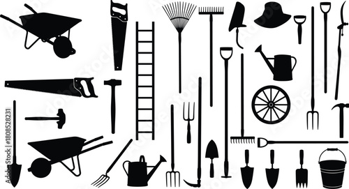 Set of black silhouettes of gardening tools, farm equipment, rake, shovel, saw, and wheelbarrow, vector illustration, isolated on white background.