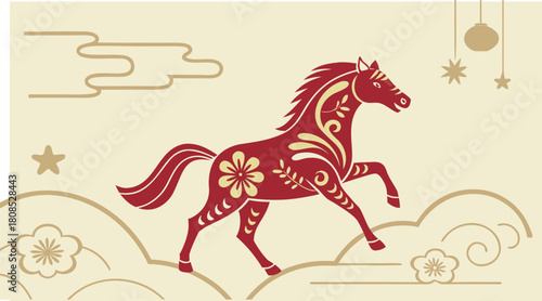 26.epsTraditional Chinese New Year Horse Illustration in Red and Gold