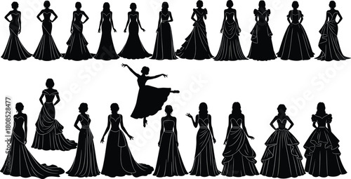 Women gown silhouette illustration, formal dress styles, fashion vector, elegant poses, black design, ballet leap, graceful artwork