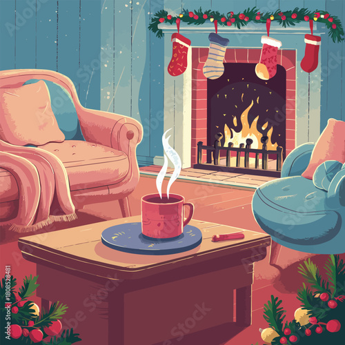 Cozy Christmas Living Room with Fireplace and Hot Drink Keywords: Christmas, fireplace, cozy