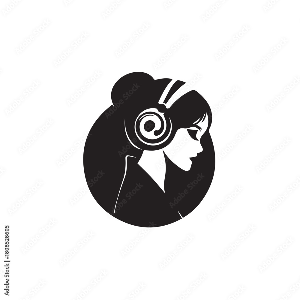 Naklejka premium Black Vector Illustration of Woman Wearing Headphone in Clean Minimal Style on White Background