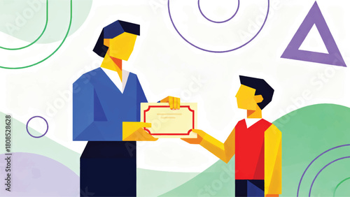 Illustration Of A Teacher Giving Certificates To High-Achieving Students Vector Design Template