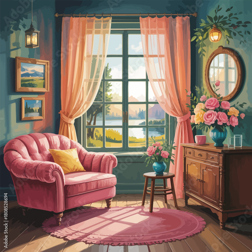 Cozy living room with pink armchair and floral arrangements by window curtains flowers