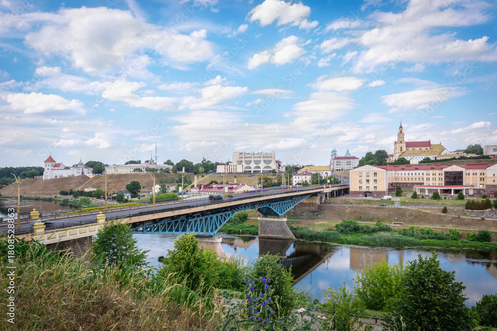 Fototapeta premium Cityscape of Grodno with Bridge and Historic Architecture