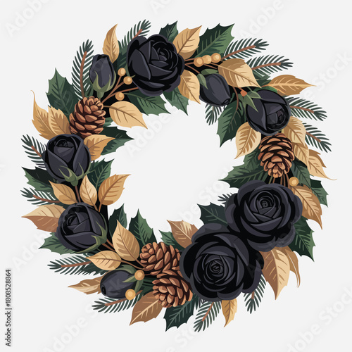 Dark Floral Wreath with Pinecones and Berries on White Background black roses