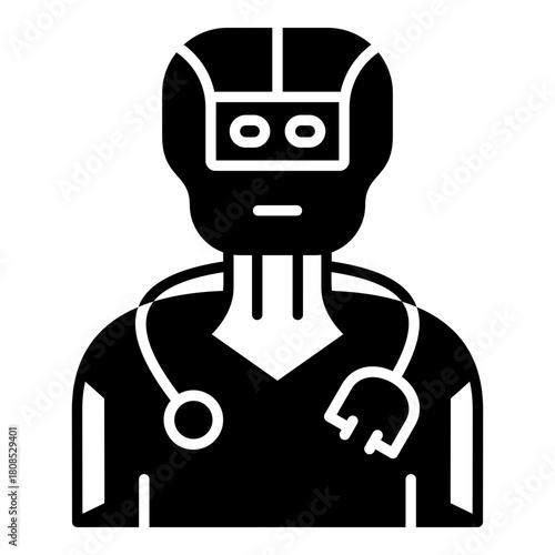 AI Medical Professional Glyph Icon. Robot Wearing a Stethoscope - Concept for Healthcare Automation, Diagnostic Technology, and Robotic Surgery Assistance.