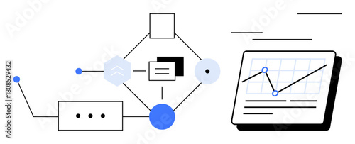 Abstract workflow with interconnected nodes connected to a tablet displaying analytics on a line graph. Ideal for data processing, organization, analysis, technology, growth, strategy, and workflow
