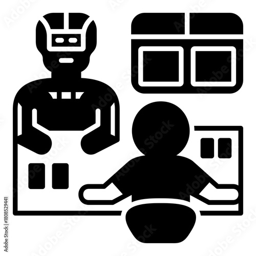 Robot Workplace Oversight Line Glyph Icon. Artificial Intelligence Supervising a Human Worker at a Desk - Concept for Automation of Management, Monitoring, and Digital Supervision