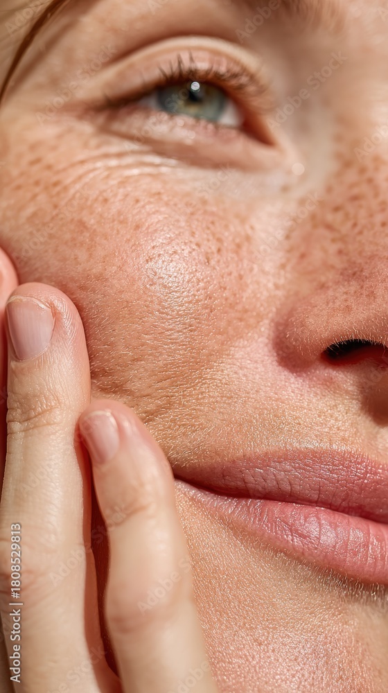 Fototapeta premium A close-up of a woman gently touching her face, showcasing her natural beauty and freckles in a serene moment of self-care.