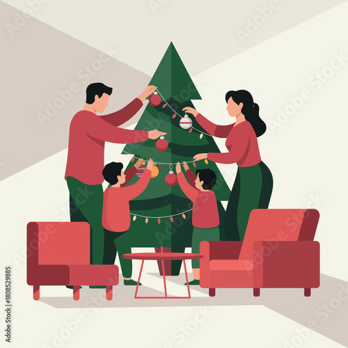 Family Decorating Christmas Tree With Ornaments In Modern Living Room Keywords: family