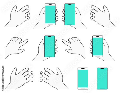 スマートフォンを持つ手とタップする手のセット　右手と左手　2パターンのスマホ　単体　青緑／ブルーグリーン　ベクター／透過PNG／JPEG白背景