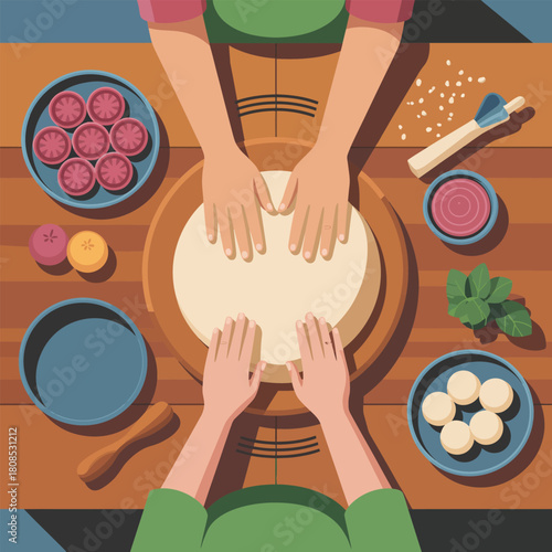 Hands kneading pizza dough on wooden table with ingredients Keywords: cooking, pizza, dough