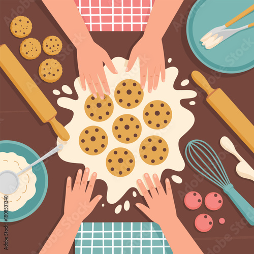 Hands making chocolate chip cookies on a wooden table with baking tools dough rolling pin