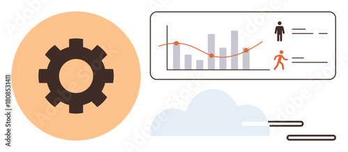 Gear, chart with graphs and user stats, and cloud lines blend analytics, optimization, and flow. Ideal for technology, workflow, business productivity innovation process management minimalism. A