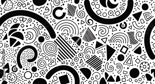 Abstract black and white pattern featuring geometric shapes, spirals, circles, dots, lines, and curves creating a dynamic and visually engaging design.