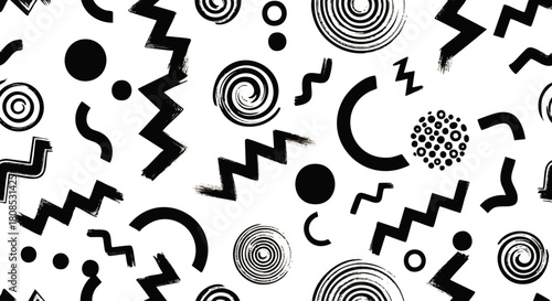 Abstract geometric pattern featuring black circles, zigzags, spirals, and curved shapes on a white background.