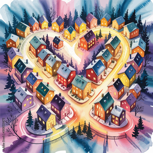 Heart-shaped village of colorful houses at twilight with aurora borealis heart shape