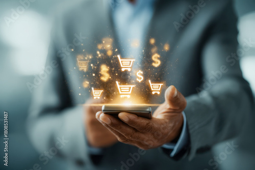 Businessman holding smartphone with glowing shopping cart and dollar sign icons symbolizing digital commerce and online financial transactions concept