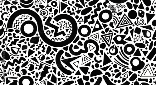 Abstract black and white pattern featuring various geometric shapes and forms, creating a visually complex design.