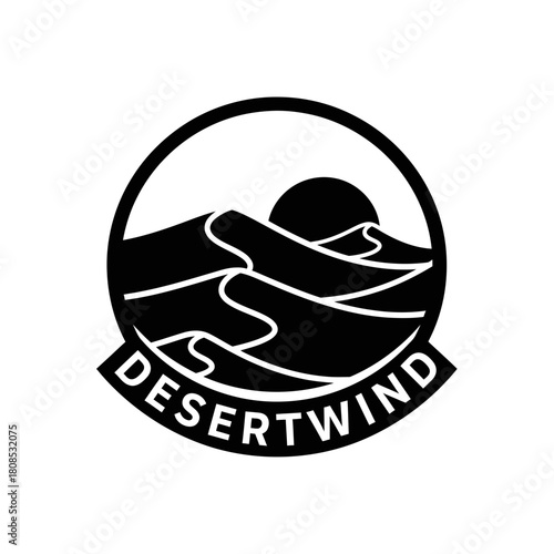 Black and white Desertwind logo with desert dunes and sun.