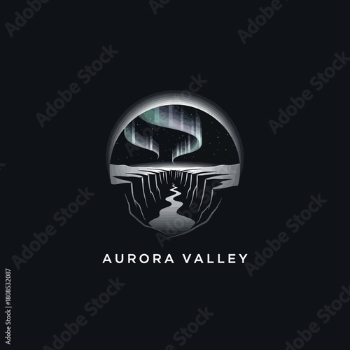 Aurora Valley Landscape with Northern Lights and River Through Cliffs.