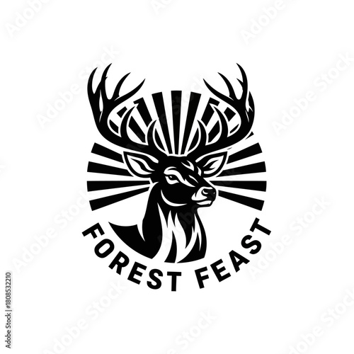 Bold black and white stag head logo with large antlers.