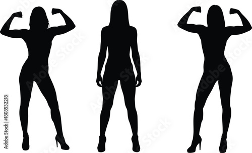 Human silhouette, flexing pose, standing figure, high heels, expressive stance, black outline, white background, posture, strength, body form