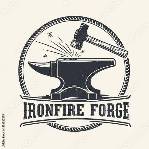 Blacksmithing Logo with Anvil, Hammer, and Sparks for Ironfire Forge.