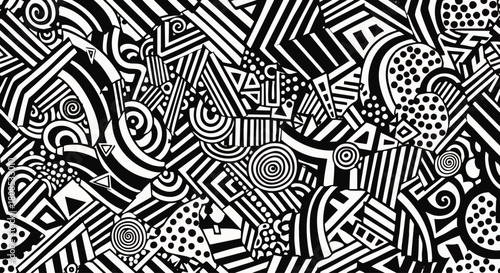 Abstract black and white geometric pattern featuring lines, triangles, circles, and dots in a chaotic, visually stimulating composition.