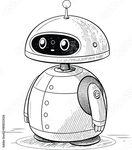 Illustration of a cartoon robot with a dome shaped head and round body in black and white style