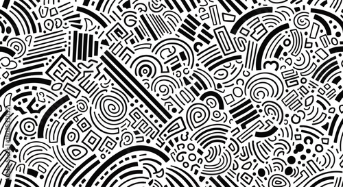 Abstract black and white pattern featuring geometric shapes, lines, spirals, circles, and dots in a dense, chaotic, and intricate arrangement.