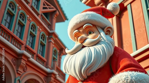Architectural-Style Santa Claus Cartoon in Terracotta and Teal with Precise Wide-Angle Detail