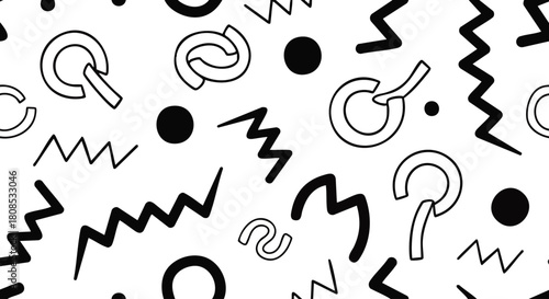 Abstract seamless pattern featuring black geometric shapes, including circles, zigzags, and squiggles, scattered across a white background.