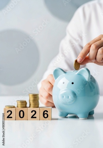 piggy bank and coins, 2025 end year to Happy New Year 2026 with piggy bank. Resolution, Goals, Plan, Action, Money Saving, Retirement fund, Pension, Investment and Financial concepts
